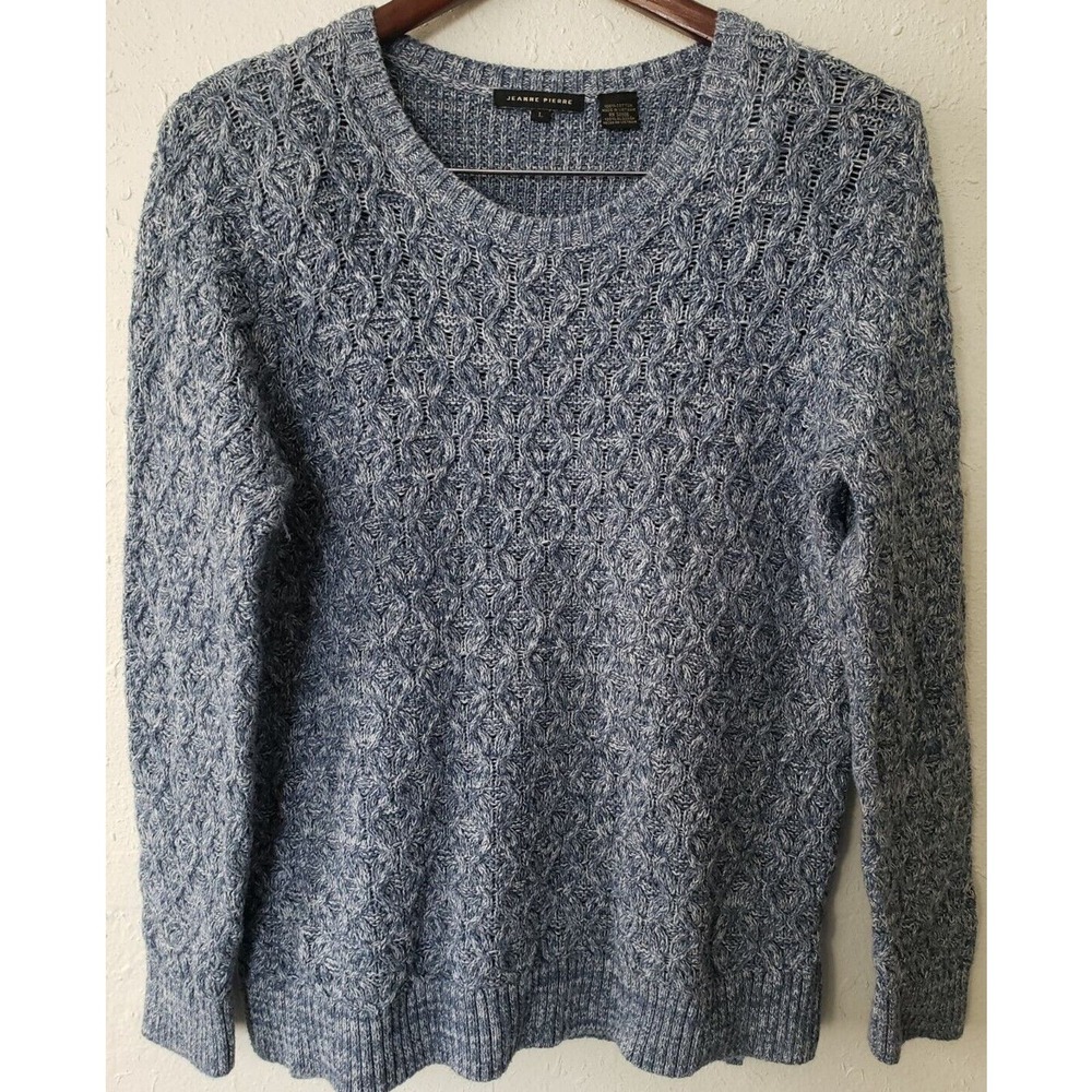 Jeanne Pierre Womens Large L Cable Knit‎ Cotton Blue Crew Neck Pullover Sweater